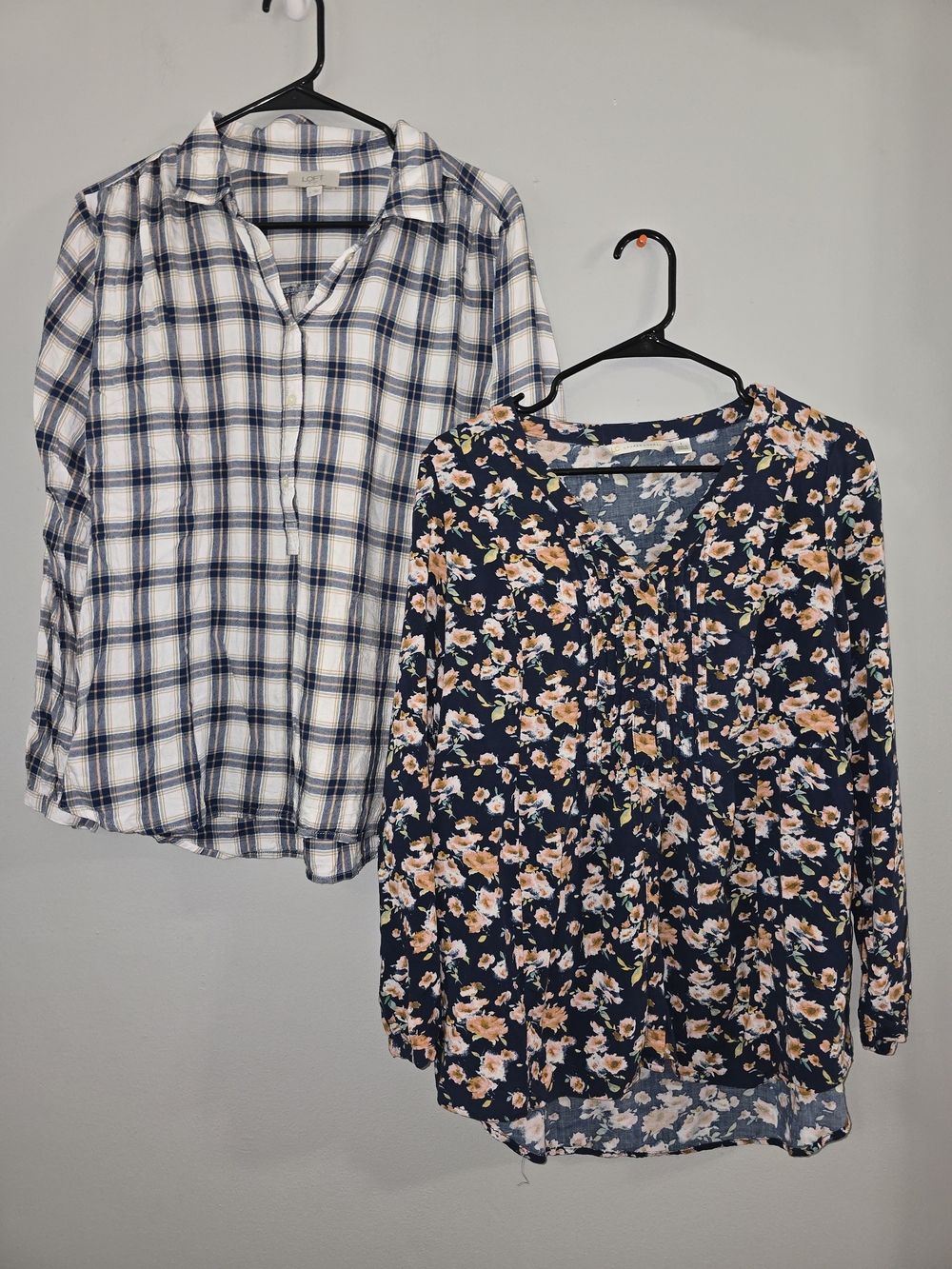 Navy Floral and White Plaid Long Sleeve Tops